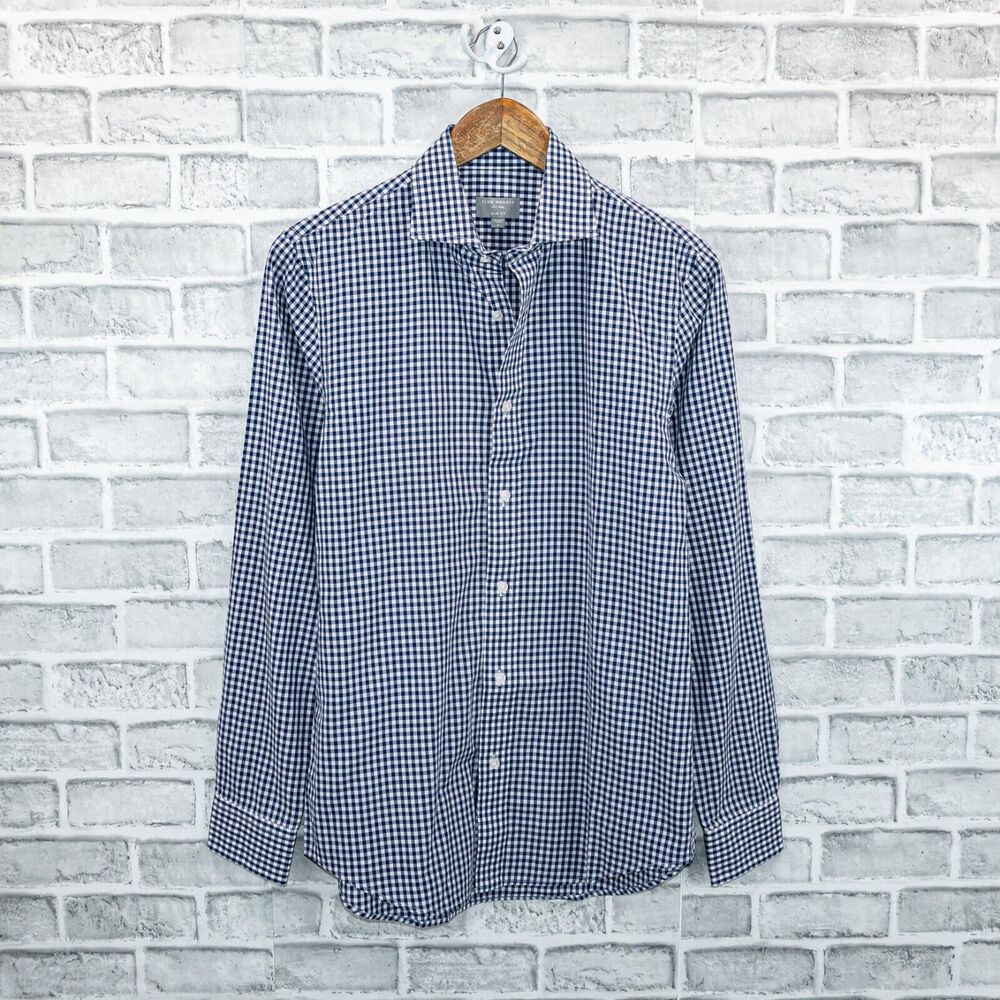 Club Monaco Men's Slim Fit Button up Shirt in Blue ginham check size Small